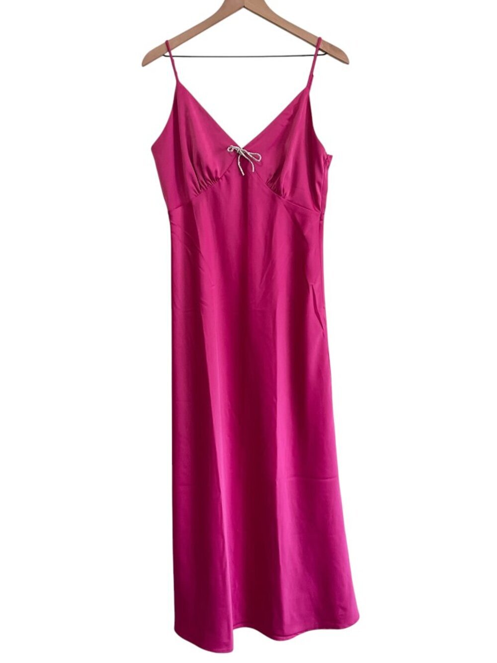 NWT WAYF Pink Satin Rhinestone Bow Maxi Slip Dress